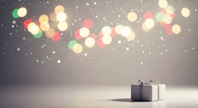 Softly lit gift box with festive bokeh lights and falling snowflakes