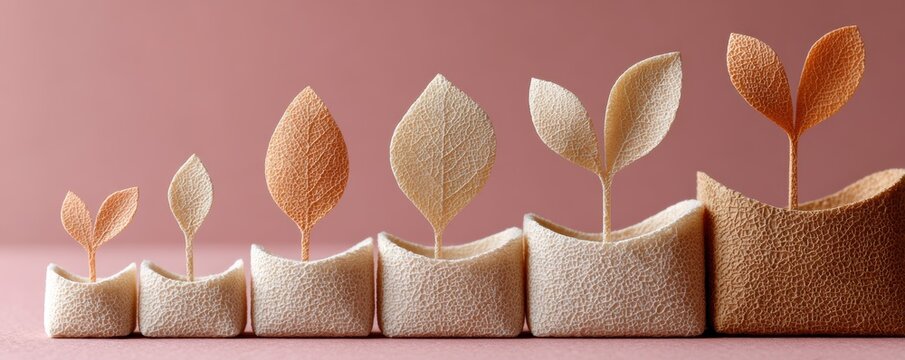 Minimal paper cutouts of growing plants various sizes, showcasing natural progression of growth and development. soft tones evoke sense of calm