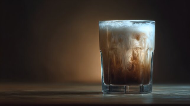 Elegant iced coffee glass with cream swirl on a rustic wooden surface