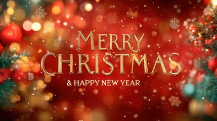 Golden Merry Christmas & Happy New Year text on a bright red background with bokeh lights, snowflakes and fir branches, perfect festive greeting card or holiday banner.