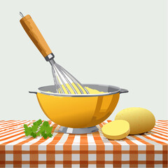 Whisking ingredients in a bowl on a checkered tablecloth.
