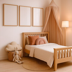 Soft Neutral Kids Bedroom Interior with Blank Frames and Cozy Decor