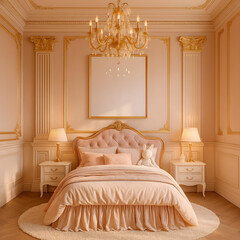 Soft Neutral Kids Bedroom Interior with Blank Frames and Cozy Decor