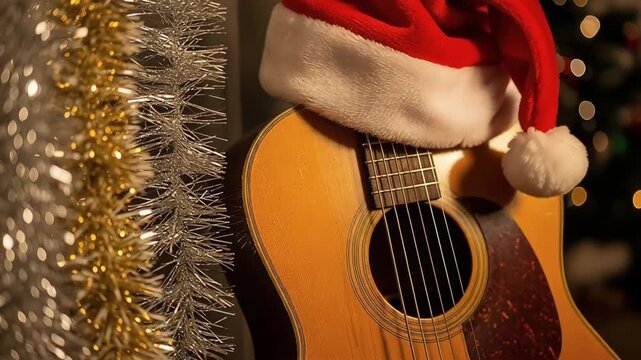 Acoustic guitar with Santa hat and tinsel decoration, holiday music theme, warm festive lighting background