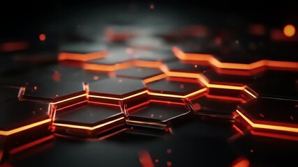 Hexagonal geometric pattern creates a futuristic design with glowing orange edges, evoking high-tech or digital interface concepts, highlighted against a dark backdrop with bokeh elements. - Powered by Adobe