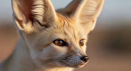 Obraz premium Fennec fox with its iconic large ears and sandy fur standing alert in a desert habitat. A small nocturnal fox known for its adorable appearance and excellent hearing.