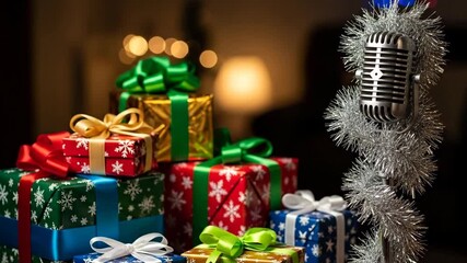 Christmas gift boxes stacked with holiday ribbons and vintage microphone with tinsel decoration on cozy blurred background - Powered by Adobe