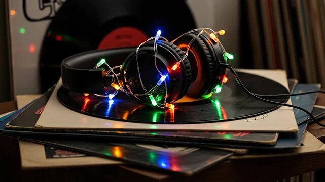 Headphones wrapped in colorful string lights on vinyl record stack cozy indoor setting
