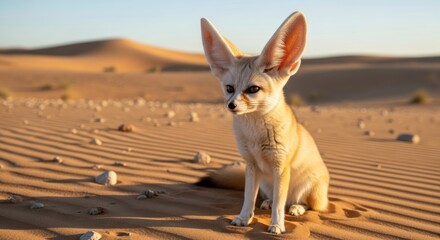 Fennec fox with its iconic large ears and sandy fur standing alert in a desert habitat. A small nocturnal fox known for its adorable appearance and excellent hearing.
