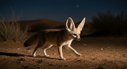 Naklejka premium Fennec fox with its iconic large ears and sandy fur standing alert in a desert habitat. A small nocturnal fox known for its adorable appearance and excellent hearing.