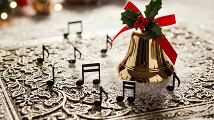 Christmas bell with holly and red ribbon on ornate golden background with musical notes, festive and elegant holiday decoration - Powered by Adobe