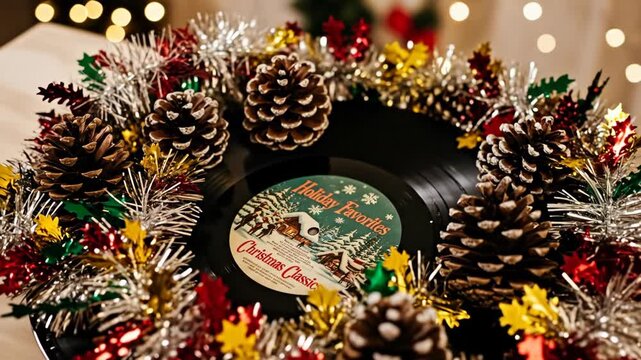 Vinyl record decorated with pinecones and holiday tinsel representing Christmas classics ambiance in a festive background