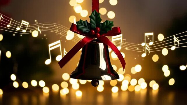 Christmas bell with holly and festive musical notes on glowing lights background