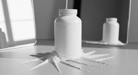 Sport protein powder bottle with pile on white studio background, morning sunlight, geometric shadow. Fitness supplement, sports nutrition, clean diet, minimal modern branding, healthy lifestyle,