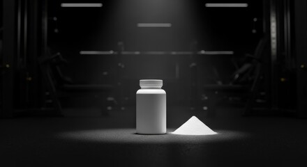 Protein powder bottle with heap in dramatic spotlight on dark gym background. Sports supplement, fitness, muscle gain, healthy routine, motivation, strong power, gym branding, preparation