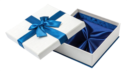 Photo of open white gift box with a vibrant blue satin ribbon bow and luxurious blue silk lining inside, isolated on transparent background