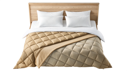 Photo of comfortable queen size bed with wooden headboard, crisp white linen, and a quilted beige comforter, isolated on transparent background