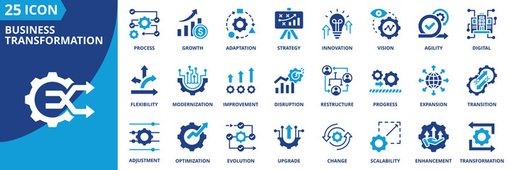 Fototapeta na wymiar business transformation icon set collection in solid glyph dual color style. pack contain transformation, innovation, strategy, change, growth, agility, digital, optimization, process, evolution icon