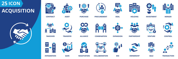 acquisition icon set collection in solid glyph dual color style. pack contain acquisition, merger, purchase, takeover, investment, asset, deal, contract, ownership, control icon