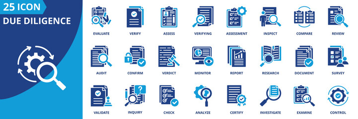 due diligence icon set collection in solid glyph dual color style. pack contain audit, review, verify, check, assess, analyze, inspect, evaluate, confirm, investigate icon