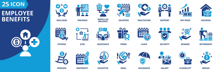 employee benefits icon set collection in solid glyph dual color style. pack contain healthcare, insurance, bonus, retirement, wellness, leave, vacation, pension, reward, flexibility icon