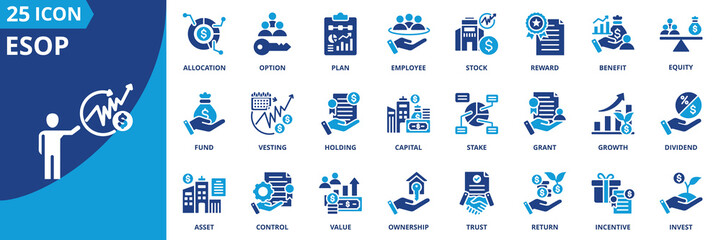 esop icon set collection in solid glyph dual color style. pack contain ownership, shares, equity, stock, plan, option, benefit, allocation, dividend, vesting icon