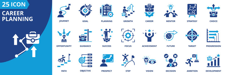 career planning icon set collection in solid glyph dual color style. pack contain career, planning, goal, path, journey, growth, strategy, vision, target, opportunity icon