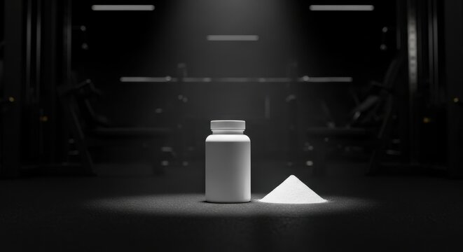 Protein powder bottle with heap in dramatic spotlight on dark gym background. Sports supplement, fitness, muscle gain, healthy routine, motivation, strong power, gym branding, preparation