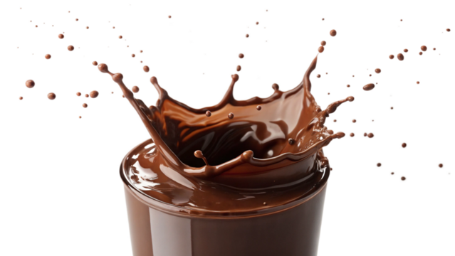 Photo of rich dark chocolate liquid splashing dramatically upwards from a clear glass, creating a crown shape, isolated on transparent background