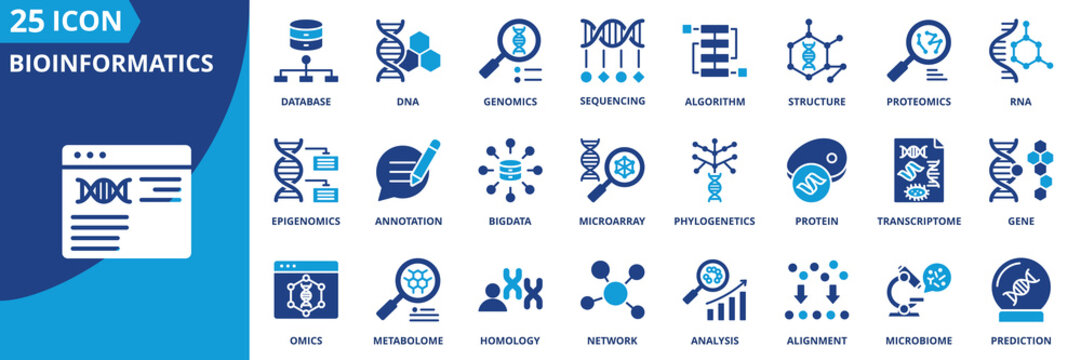 bioinformatics icon set collection in solid glyph dual color style. pack contain bioinformatics, genomics, proteomics, sequencing, dna, rna, gene, algorithm, database, analysis icon