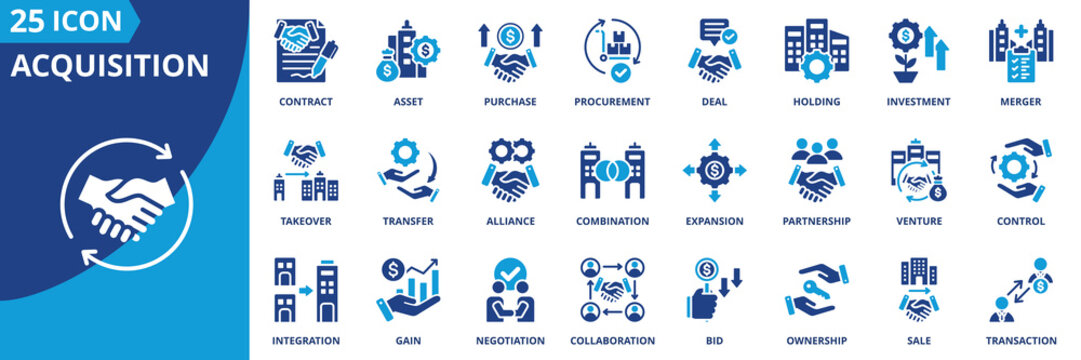 acquisition icon set collection in solid glyph dual color style. pack contain acquisition, merger, purchase, takeover, investment, asset, deal, contract, ownership, control icon