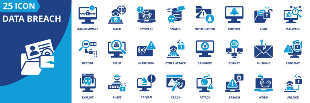 data breach icon set collection in solid glyph dual color style. pack contain leak, hack, breach, malware, spyware, intrusion, phishing, ransomware, attack, theft icon