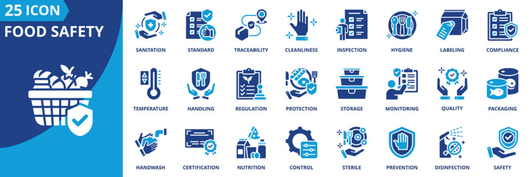 food safety icon set collection in solid glyph dual color style. pack contain hygiene, sanitation, cleanliness, inspection, quality, standard, certification, traceability, allergy, labeling icon