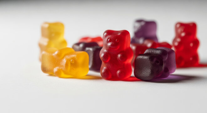 Group of red, orange and purple multivitamin gummies bears isolated on white background. Healthy lifestyle concept