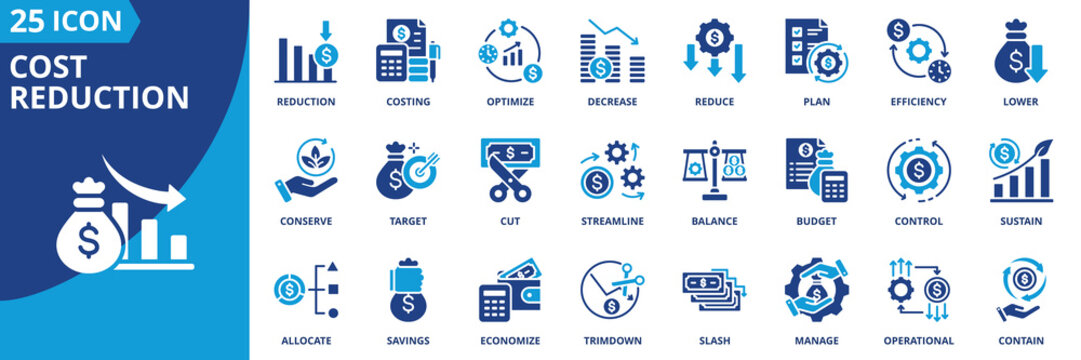 cost reduction icon set collection in solid glyph dual color style. pack contain savings, efficiency, cut, reduce, optimize, lower, minimize, control, budget, slash icon