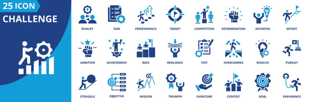 challenge icon set collection in solid glyph dual color style. pack contain challenge, goal, mission, task, target, objective, competition, test, pursuit, resilience icon