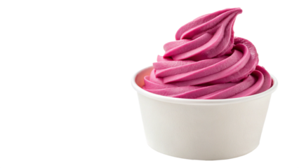 Photo of vibrant magenta dragon fruit frozen yogurt swirl in a white paper cup isolated on transparent background