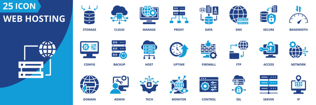web hosting icon set collection in solid glyph dual color style. pack contain server, domain, cloud, host, data, bandwidth, secure, storage, uptime, backup icon