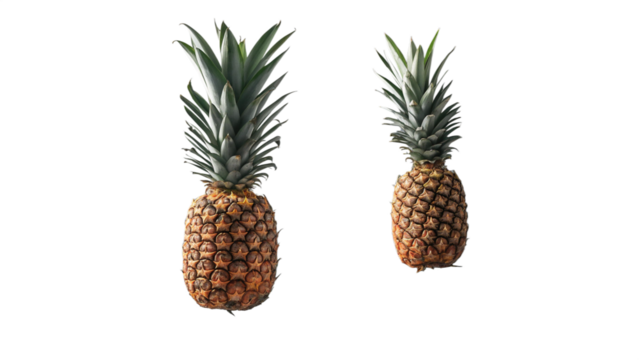 Photo of two fresh whole pineapples with green crown isolated on transparent background