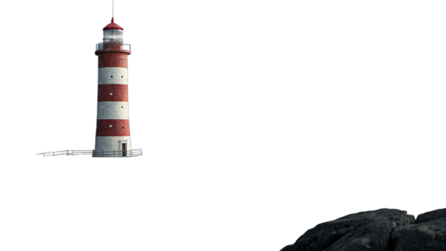 Photo of red and white striped lighthouse tower standing tall on a rocky shore isolated on transparent background - Powered by Adobe