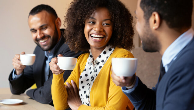 Three colleagues laughing and chatting over coffee in a cozy cafe, business casual setting. Generative AI - Powered by Adobe