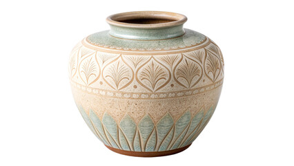 Photo of traditional ceramic pottery vase with intricate carved leaf pattern and speckled glaze in beige and light blue tone, isolated on transparent background