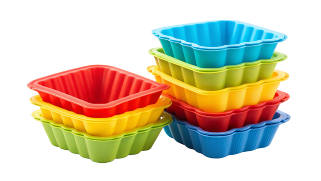 Photo of stack of colorful square silicone or plastic baking mold container set for cupcake or muffin preparation, isolated on transparent background