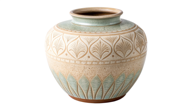 Photo of traditional ceramic pottery vase with intricate carved leaf pattern and speckled glaze in beige and light blue tone, isolated on transparent background - Powered by Adobe