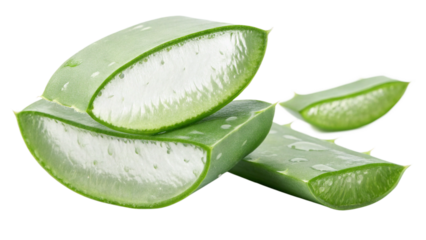 Photo of slices of fresh aloe vera plant showing the clear, gelfilled interior, isolated on transparent background, ideal for skincare or health imagery