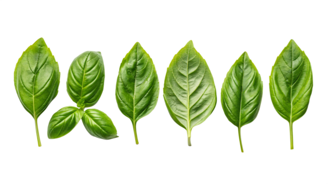 Photo of a collection of fresh green basil leaves displayed in a row, isolated on transparent background, perfect for culinary or herbal use - Powered by Adobe