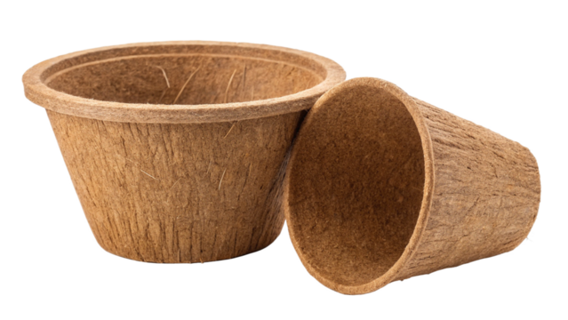 Photo of two empty biodegradable coir fiber planting pots, one upright and one tipped over, isolated on transparent background