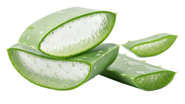 Photo of slices of fresh aloe vera plant showing the clear, gelfilled interior, isolated on transparent background, ideal for skincare or health imagery