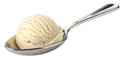 Photo of single scoop of creamy vanilla ice cream perfectly formed on a shiny silver spoon, isolated on transparent background