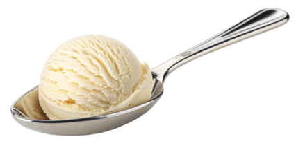 Photo of single scoop of creamy vanilla ice cream perfectly formed on a shiny silver spoon, isolated on transparent background